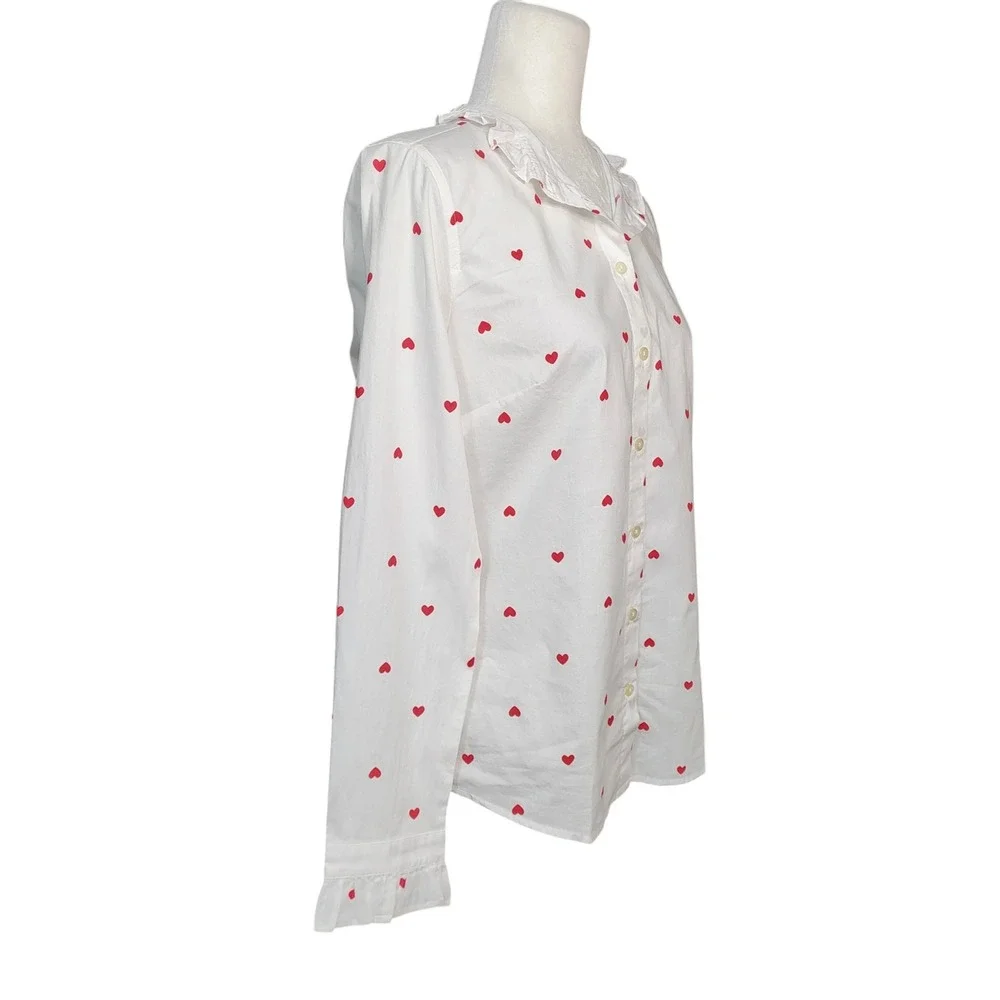 J. Crew NEW Heart Print Button Down Shirt White Ruffle Collar Cute Small NWT